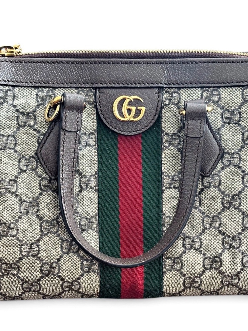 Gucci Beige GG Supreme Canvas Satchel with Green and Red Web